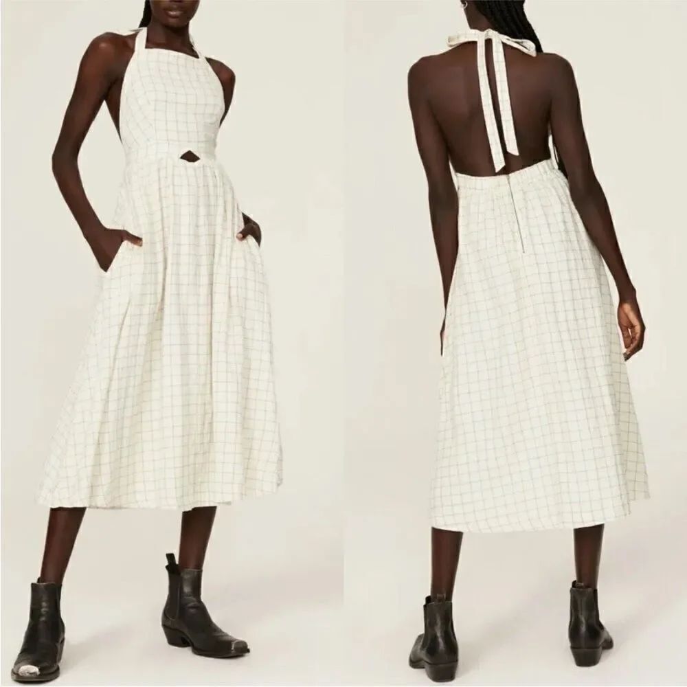 PAMELA LOVE Midi Dress Women Sz Small Cream Plaid Halter Pockets Open Back NEW